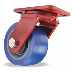 HAMILTON Plate Caster: Swivel, Polyurethane, 6 in Wheel Dia, 3 in Wheel Wd, 7 1/2 in Mounting Ht (MPN S-ZFFM-63EGB). Key specifications — Wheel/Tread Color: Blue; Brand: HAMILTON; Roll Up: Swivel.
