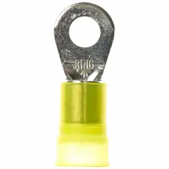 Nylon-insulated ring terminal rated for 1000 V. Accommodates 4 AWG wire and fits 5/16 in studs. Used for secure crimp connections in control panels, machinery, and power distribution applications.