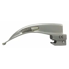 Reusable stainless steel laryngoscope blade in MacIntosh style, size 1. Silver finish with standard illumination. Overall length 3 7/16 in, width 3/8 in. Used for airway management during intubation, the curved design aids in lifting the epiglottis for vocal cord visualization.