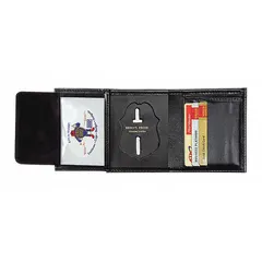 Black leather badge holder measuring 2-3/4 in x 2-5/8 in. Designed to display ID badges, access cards, or credentials in industrial and commercial settings.