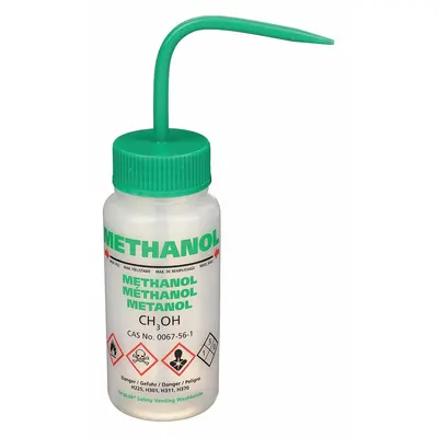 DYNALON Wash Bottle: 250 mL, Methanol, Green, Wide, Std Spout Spout, Colorless - Wide Mouthed Standard Spout Wash Bottles
