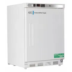 This undercounter lab refrigerator provides 4.6 cu ft of storage with a temperature range of 1°C to 10°C. It features a white swing solid door opening to the right, uses R-600a refrigerant, and includes a temperature alarm. Suitable for storing temperature-sensitive reagents, samples, and media in laboratory environments.