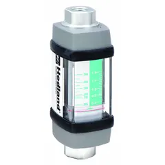 Scale-type, variable-area inline flowmeter with NPTF connections for water-based fluids. Features Viton seals and O-rings, universal mounting orientation, and measures flow in liters with +/-7% accuracy. Suitable for monitoring flow in industrial cooling, process water, and hydraulic systems.