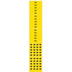 Yellow adhesive pipe marker with black 'Gas' legend for identifying gas lines. Fits pipes with outside diameter of 3/4 in and smaller. Pack includes 3 markers without arrows. Suitable for industrial piping systems where clear identification of gas contents is required.