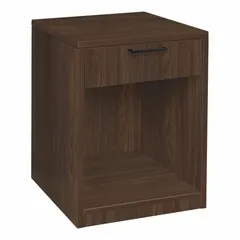This media cart features a single shelf and is finished in Neo Walnut. With overall dimensions of 21 inches wide, 21 inches deep, and 29 inches high, it is suited for supporting printers or other office equipment in compact workspaces.