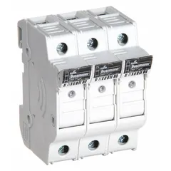 The BUSSMANN CHCC3DIU is a 3-pole UL Class CC fuse block rated for 600 V AC. It features DIN rail mounting and box lug termination for secure connections. This finger-safe block is used in branch circuit protection within industrial control panels, motor control centers, and distribution boards.