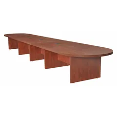 Laminate cherry oval conference table with PVC edge banding, slab leg design, and wood construction. Overall length 240 inches, width 52 inches. Suitable for conference rooms, boardrooms, and collaborative workspaces.