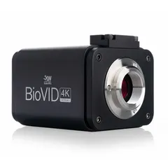 This CMOS microscope camera captures still images and video at 3840 x 2160 resolution and 30 fps. It features a 1/1.8 in sensor, USB interface, and includes a USB 5G WLAN Wi-Fi adapter. Compatible with Windows 7, it is used for imaging through a microscope in laboratory analysis and inspection.