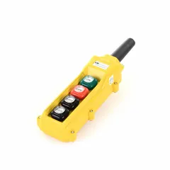 This push-button pendant features four operators with maintained/momentary actions and On/Off legend. It has a dead-end hub style, thermoplastic NEMA 4/4X enclosure, and is rated 5 A at 125/240 V AC and 0.4 A at 120 V DC. Suitable for remote control of industrial machinery such as cranes, hoists, and conveyors.