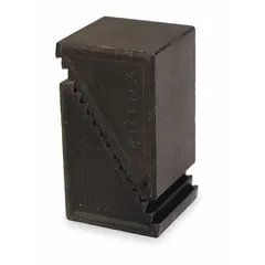 This step block from TE-CO has a width of 1 inch and an adjustable height range from 2-1/2 inches to 6 inches. It is used in machining and workholding to clamp workpieces securely on milling machine or drill press tables, allowing quick height adjustment without shims.