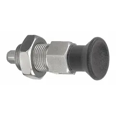 This locking pull-knob indexing plunger features a stainless steel body and a 1/4"-28 thread. It provides a nose force range of 4.5 N to 10 N and includes a jam nut for secure installation. Used for precise positioning and locking of moving parts in jigs, fixtures, and assembly lines.