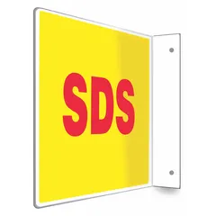 This L-shape projection SDS sign is designed for displaying safety data sheet information in industrial environments. It features an 8 in x 12 in nominal size and mounting holes for secure wall attachment. The sign is not retroreflective and does not glow in the dark.
