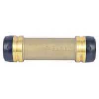 Brass push-to-connect coupling for joining two tubes of the same outside diameter without soldering or clamping. Suitable for use in plumbing, HVAC, and fluid-handling systems requiring quick, reliable connections