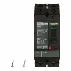 This 70 A molded case circuit breaker features a fixed mount with line/load lug terminations and an HD frame. It is rated for 25kA interrupting capacity at 240V AC. Suitable for use in industrial panels, motor control centers, and distribution boards to protect against overloads and short circuits.