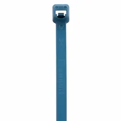 Blue metal-detectable cable tie with 8-inch length and 0.14-inch width, suitable for securing bundles up to 2 inches in diameter. Pack of 100. Not rated for outdoor use. Used in applications where contamination detection is required, such as food processing or pharmaceutical environments.
