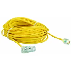 This 100 ft outdoor extension cord features three grounded outlets and a NEMA 5-15P plug. The 12/3 SJTOW jacket withstands temperatures from -58° to 194°F, making it suitable for powering tools and equipment in outdoor work sites, construction areas, or events.