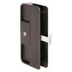 This sliding handle and latch kit is designed for use on sliding screen doors. It features a black, unfinished finish and measures 4 inches in overall height and 3/8 inch in overall length. The kit provides a simple mechanism for securing and operating the door.