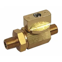 This mini brass ball valve features a straight body with 1/4 in male NPT connections on both ends and a full port ball port for minimal flow restriction. The tee handle provides manual on/off control. Suitable for compact piping systems, instrumentation, pneumatic lines, and low-pressure fluid circuits.
