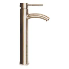 This single-post handle bathroom faucet from the Neo series is constructed of brass with a brushed nickel finish. It has a flow rate of 1.2 gpm and includes a flexible hose. Suitable for vessel sinks in residential or commercial bathrooms.
