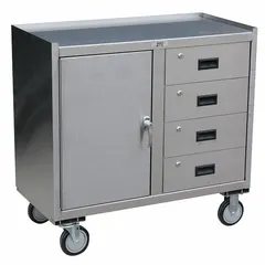 Stainless steel mobile cabinet bench with drawers and shelves, fully assembled. Overall load capacity of 1,200 lb. Suitable for assembly, maintenance, and inspection tasks in workshops and labs.