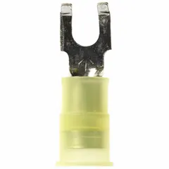 Nylon-insulated block fork terminal for terminating 12 AWG to 10 AWG wire to a #8 stud. Rated 600 V with insulation grip barrel. Suitable for electrical panels, motor controls, and industrial machinery where quick connect/disconnect is needed.