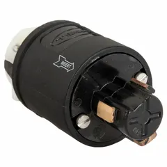 This HUBBELL locking plug features a non-NEMA configuration with a black/white housing, rated 125V AC and 20A. It has 2 poles and 3 blades, designed for secure, vibration-resistant connections in industrial and commercial power distribution, portable equipment, and temporary power setups.