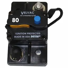 Flush mount automotive circuit breaker with blade terminals for 30V DC systems. Type III design provides 3 kA interrupting capacity. Suitable for overcurrent protection in vehicle electrical circuits.