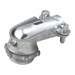 Zinc alloy 90° squeeze clamp connector for flexible conduit. Features 1/2 in MNPT box connection with 1/2"-14 NPSM thread. Non-insulated, UL listed. Used to terminate flexible conduit at a right angle to enclosures in electrical installations.