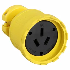 This 50 A straight blade connector is rated for 125/250V AC and features 3 poles with 3 wires. The yellow housing provides high visibility. It is commonly used for heavy-duty electrical connections in industrial settings.