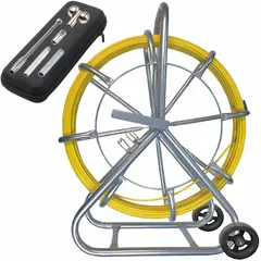 Non-conductive conduit rodder with 1,000 ft length and round profile, supplied in a Reel Stand case. Includes a tip kit for attaching pulling accessories. Used for pulling cables through conduit in electrical, telecom, and industrial installations.
