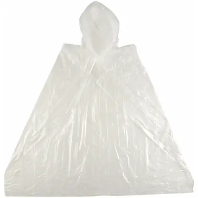 CONDOR Disposable Rain Poncho: Clear, Polyethylene, Disposable, Pull-On, 40 in Lg - Hooded Rain Ponchos