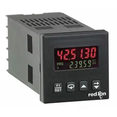 The RED LION C48TS103 is a time digital panel meter with a red LCD display, 0.3-inch digit height, and RS-485 communication. It accepts 18 V DC to 36 V DC power and measures elapsed time in hours or minutes. Suitable for industrial process timing, equipment runtime monitoring, and maintenance scheduling.