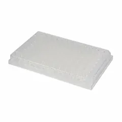 This 96-well microplate is made of natural polystyrene and is non-sterile. Each well has a diameter of 85 mm and a culture area of 30.2 sq mm. It is commonly used for cell culture, assay development, and sample storage in laboratory settings.