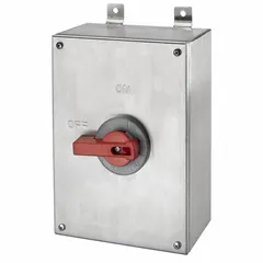 Non-fusible disconnect switch rated 100 A, three-phase, 600V AC. Housed in 304 stainless steel with a red handle and neutral assembly. UL 98 listed for indoor and outdoor use. Suitable for isolating electrical circuits in industrial settings such as machining, material handling, and HVAC systems.