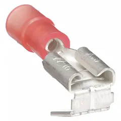 Red nylon partially insulated piggyback disconnect with a 0.25 in x 0.032 in tab. Features butted barrel and seam construction. Used for socket/tab applications in electrical wiring systems.