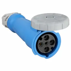 Washdown-rated pin and sleeve connector for industrial power distribution in wet environments. Rated 250V AC, 60 A, three-phase, 3-pole, 4-wire with IEC grounding. Blue housing.