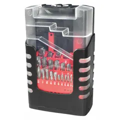 This 24-piece set of solid carbide screw-machine length drill bits covers sizes from 1 mm to 12.5 mm in 0.5 mm increments. Each bit features a 135° 4-facet point for reduced thrust and walking. Suitable for horizontal drilling in metalworking applications such as production machining and tool and die work. Supplied in a box.