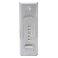 Mechanical keyless exit push button lockset in chrome finish. Provides push-button egress without keys or electronics. Suitable for controlled access applications requiring code-compliant emergency exit.