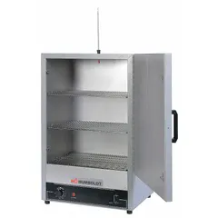 Natural gravity convection oven with 3 cu ft capacity, 1600 W power, 230V AC operation, and dial control. Maximum temperature 232°C with temperature accuracy tolerance of ±1% and uniformity of ±3°C at 150°C. Suitable for drying, heating, and curing applications in laboratory and industrial settings.