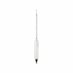 This ballast-style hydrometer measures specific gravity from 1.000 to 1.050 with 0.001 scale divisions and accuracy of +/-0.001°. Suitable for direct-reading measurements in industrial fluid analysis, such as checking battery electrolyte or coolant concentration.