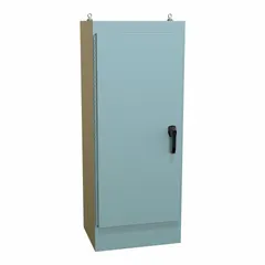 This HAMMOND steel enclosure measures 60 x 24 x 18 inches and is rated NEMA 12 for protection against dust and non-corrosive liquids. It features a solid hinged cover with a handle closure and does not include knockouts. Suitable for housing electrical controls, terminals, and instruments in industrial environments.