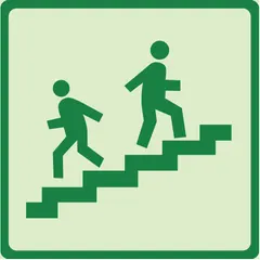 This square photoluminescent stair sign is designed for marking exit paths and stairwells in low-light conditions. It features adhesive mounting for easy installation on walls or doors. The sign glows in the dark without requiring electrical power, aiding emergency egress in commercial, industrial, and public buildings.