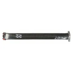 Steel torsion spring with 0.207 in wire diameter and 2 13/32 in outside diameter. Features right-hand wind direction and closed drawbar ends with 180° deflection angle. Used in counterbalance systems for lifting and lowering heavy doors.