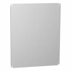 Galvanized steel back panel for interior mounting within electrical enclosures. Provides a flat surface for mounting components such as breakers, terminals, and controls. Overall height 28.2 inches, overall width 58.2 inches. Galvanized finish.