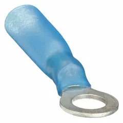 Heat shrink insulated ring terminal for #8 stud size, accepting 16 AWG to 14 AWG wire. The heat shrink sleeve seals the crimp connection against moisture and vibration, providing corrosion resistance in electrical systems.