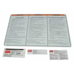 Replacement identification label kit for forklifts. Provides essential labels for controls, warnings, or maintenance points. Compatible with part number 5UEW0. Used in warehouses and manufacturing facilities to support safe operation and compliance.