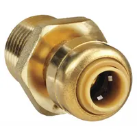 Brass push-to-connect fitting with male NPT threads, connecting 1/4 in OD tubing to 1/2 in pipe size. Used in plumbing, HVAC, and industrial fluid systems for tool-free connections