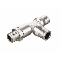 Nickel-plated brass tee fitting with 1/4" pipe thread and two 8 mm OD push-fit ports. Overall length 50 mm. Used for branching connections in pneumatic or low-pressure fluid systems, enabling tool-free assembly.