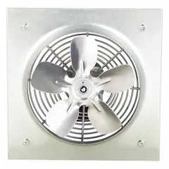 Standard direct-drive panel exhaust fan with 8 in blade, 1/30 hp, 466 cfm, 115V AC, single-phase. Totally enclosed air-over motor with Class B insulation. Galvanized steel frame, stamped construction, includes intake guards. Assembled. For general ventilation in industrial and commercial spaces.