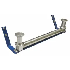 This 3-way bottom roller guide assembly is designed for use with 1125 Series hose reels. It features a stainless steel roller and a blue steel bracket, with a bottom return location. The assembly helps route and protect hose, reducing wear during operation.